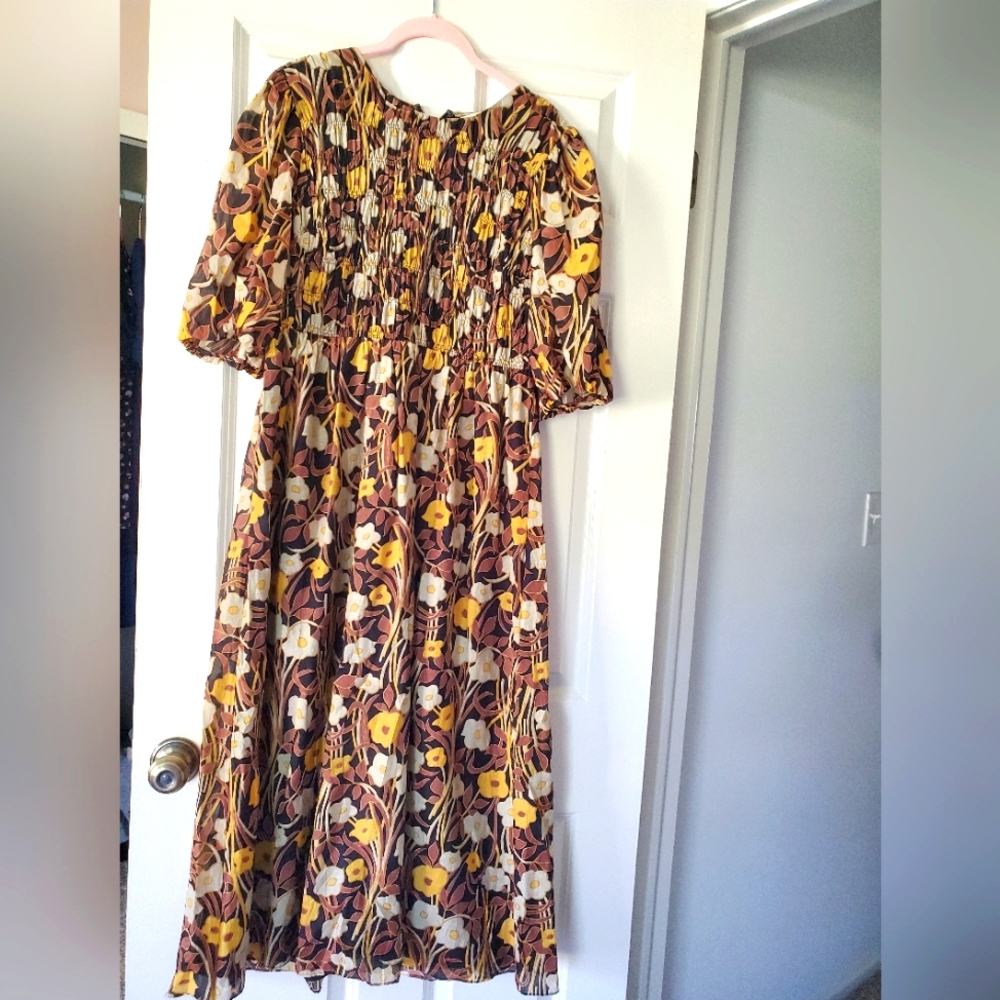 Rebecca Taylor Daphne Fleur Ruched Puff Sleeve Midi Floral Dress Sz M